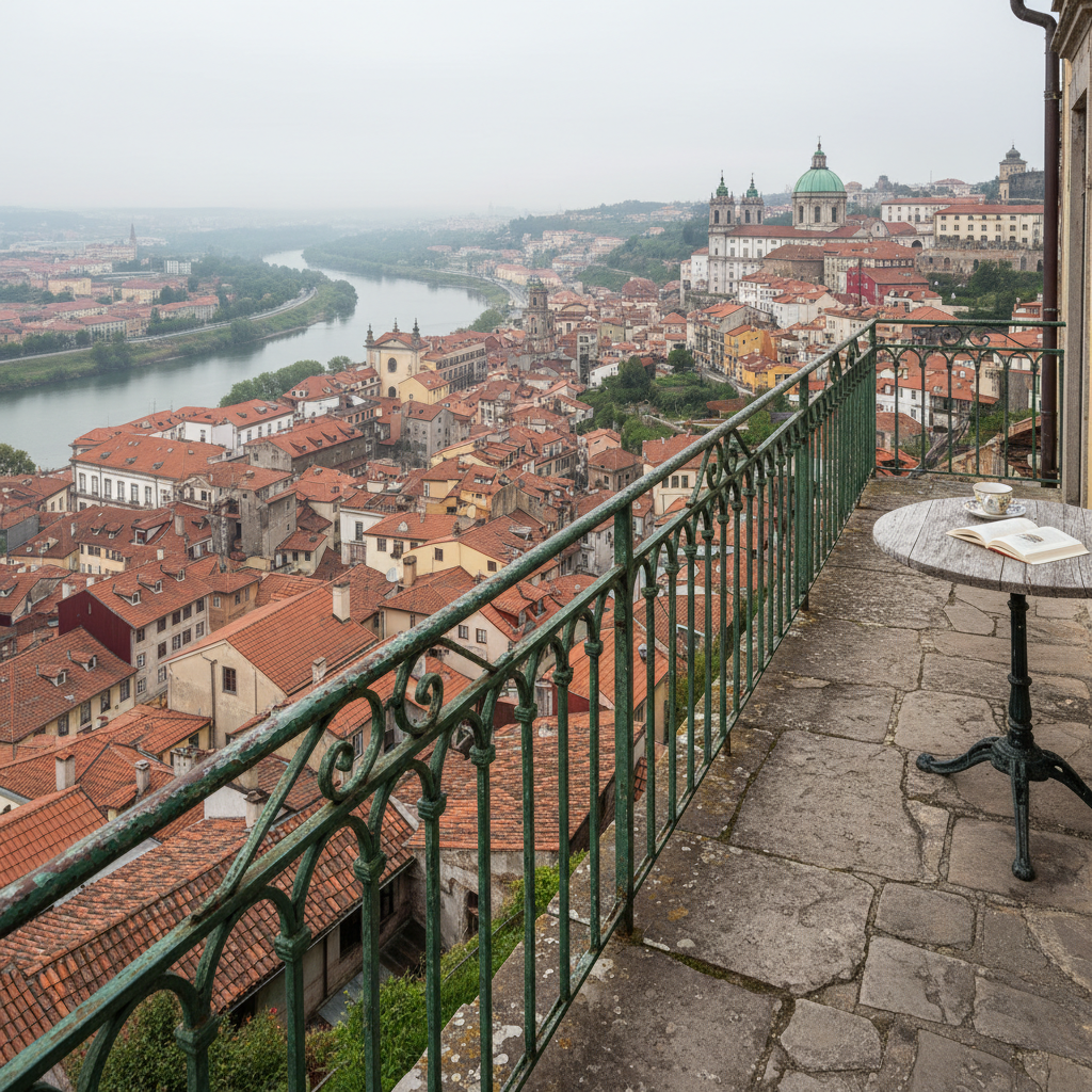 A narrow stone terrace on a historic European hillside, overlooking a real, densely layered old town that tumbles toward a river. In the foreground, an elegant wrought-iron railing with peeling dark paint and a small round table of weathered wood anchor the scene. Beyond, textured clay-tiled roofs, patchwork facades, and a domed cathedral recede into soft morning haze. Cool, diffused daylight from an overcast sky creates gentle contrast and honest colors, with no exaggerated saturation. Captured at eye level with a moderate focal length, the composition uses the railing as a leading line toward the river’s muted shimmer. The atmosphere is quietly luxurious and reflective, in a clean, modern photographic style that emphasizes the authenticity and complexity of the real destination below.