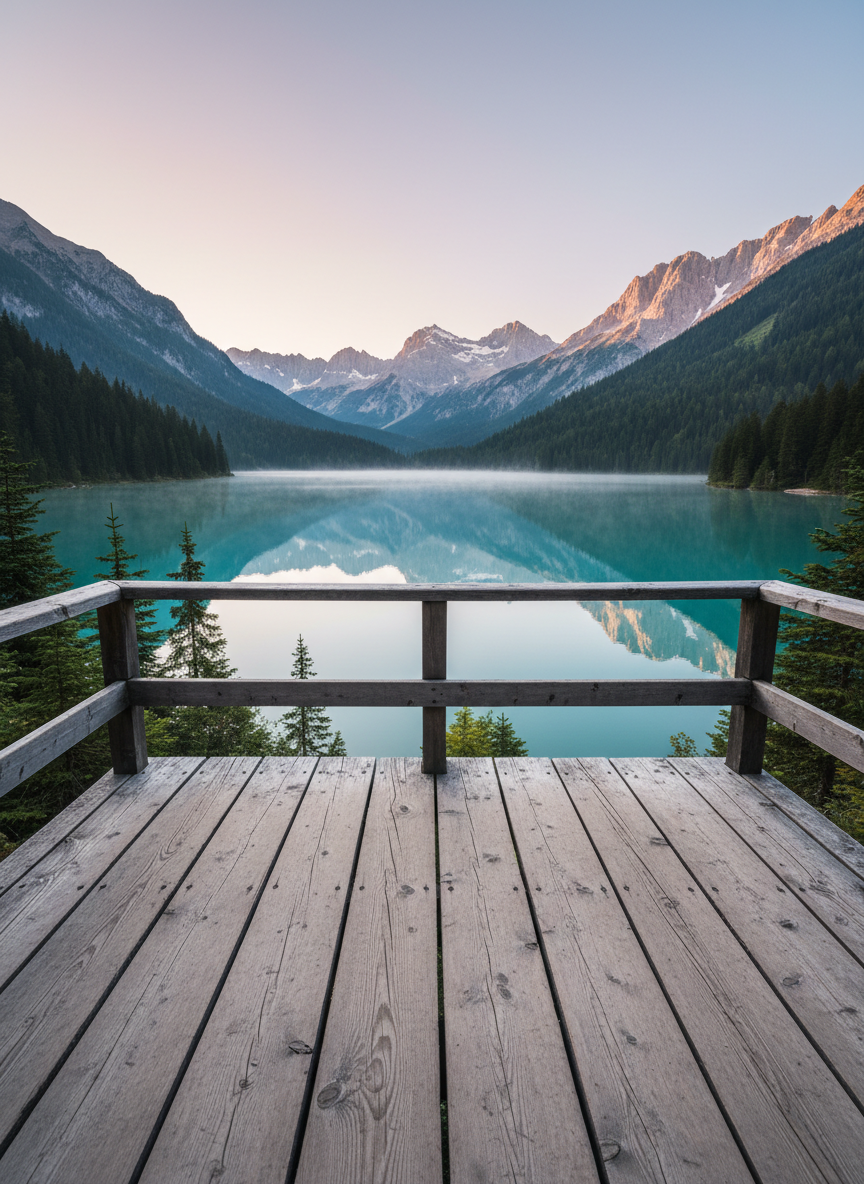 A secluded lakeside lookout in an alpine region, captured from a real wooden platform extending just beyond a fringe of dark conifers. Weathered planks with fine cracks and knots dominate the foreground, ending at a simple railing overlooking glassy turquoise water that accurately reflects steep, forested slopes and snow-dusted peaks. Early morning light, soft and low, filters through thin mist hovering above the lake’s surface, creating subtle gradients rather than dramatic beams. The composition is centered and steady, with a wide-angle lens capturing both the intimacy of the platform and the grandeur beyond, all in crisp photographic realism. The atmosphere is hushed and refined, inviting viewers to imagine standing at this exact, authentic viewpoint, deciding if the calm, expansive scenery rewards the quiet journey to reach it.