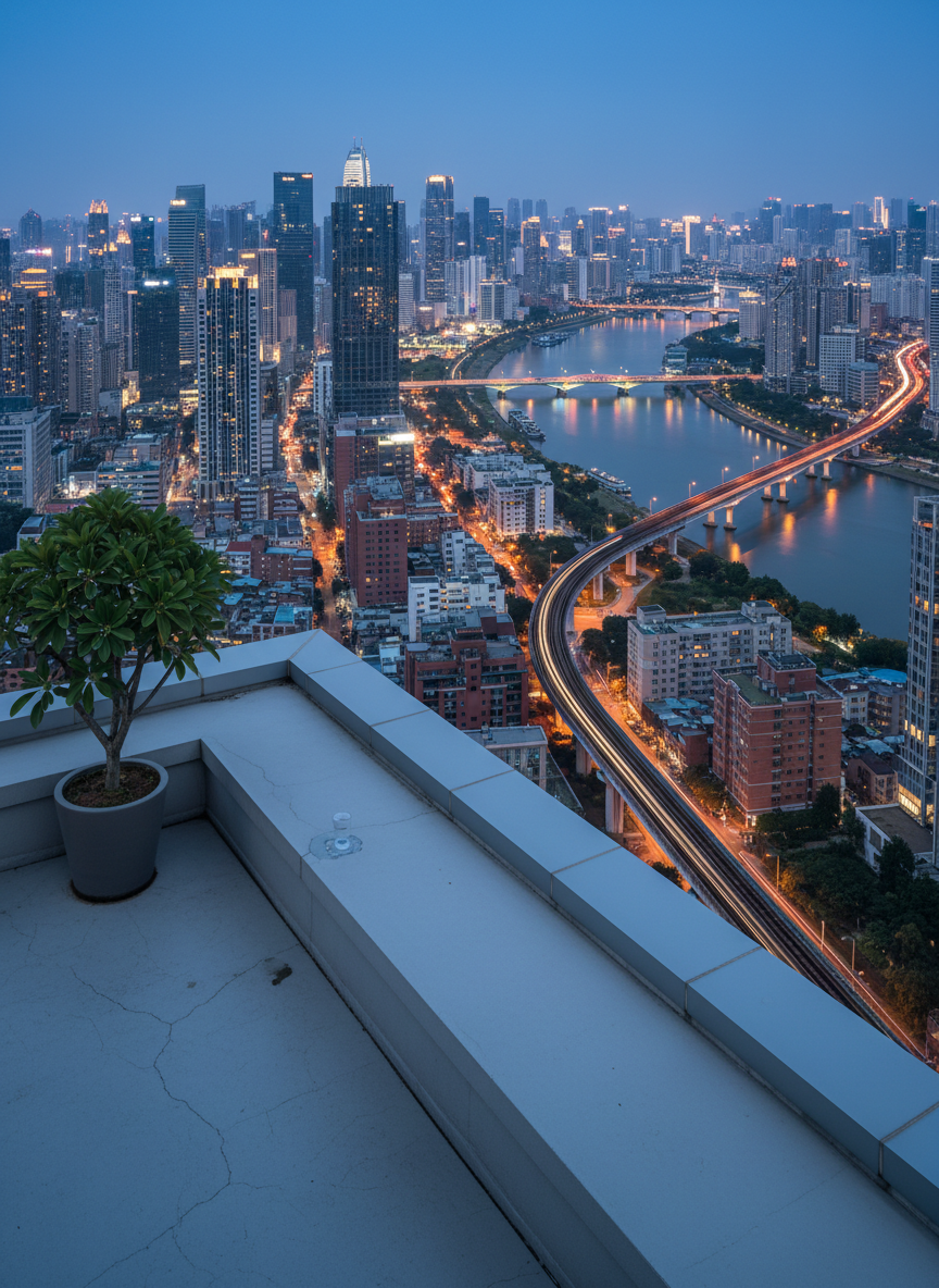 An elevated urban rooftop terrace in a real, modern Asian metropolis, looking out over an intricate skyline of high-rises, older low-rise blocks, and an elevated train line curving into the distance. The foreground shows a sleek concrete ledge with slight imperfections, a single potted tree with glossy leaves, and a faint ring of condensation where a glass once rested, implying recent presence without showing people. Blue hour light wraps the scene, with natural ambient glow merging with honest, non-exaggerated city lights. Shot from a slightly elevated corner angle, the terrace edge leads the eye toward a lit river and bridges below. The composition balances sharp focus on the ledge with a gentle depth falloff into the city. The mood is cosmopolitan and introspective, matching a sophisticated travel blog evaluating if this cityscape is truly worth the view.