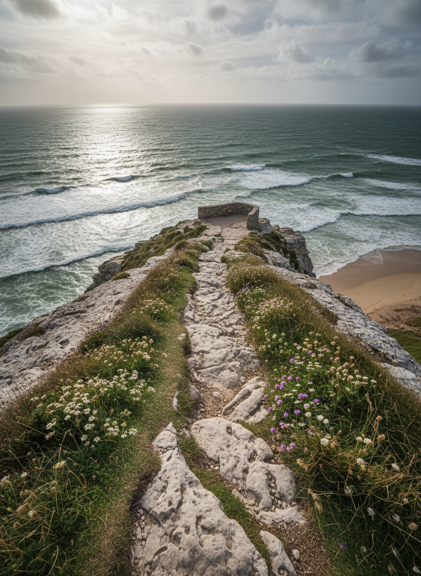 A real, windswept clifftop path carved through pale, rugged rock, ending at a simple stone viewpoint wall high above an open ocean. Scrubby grasses and coastal wildflowers cling to the uneven ground, bending under a steady breeze. Far below, authentic, non-stylized waves roll toward an untouched shoreline, subtle whites and deep greens blending naturally. The sky is partly cloudy, with late afternoon sun piercing through, creating shifting patches of light on the water and dramatic yet believable shadows along the cliff face. Shot from a low angle behind the path, the composition pulls the viewer forward toward the precipice, with sharp focus throughout and a sophisticated, minimalist, photographic aesthetic. The mood is quietly dramatic, prompting reflection on whether the stark, elemental view justifies the journey here.