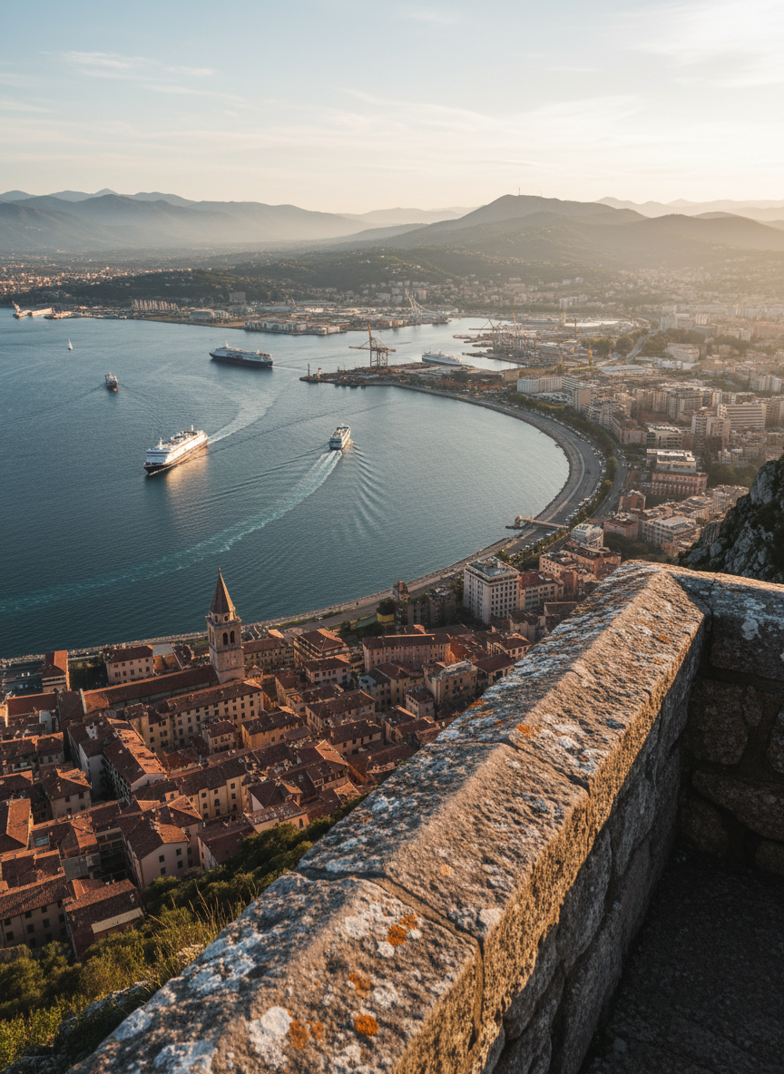 A sweeping panoramic view from a mountain overlook above a coastal city, captured in authentic photographic realism. Jagged stone guardrails with weathered lichen frame the foreground, leading the eye toward a crescent bay, clustered historic rooftops, and a working harbor with ferries cutting pale wakes across deep blue water. Late afternoon golden light grazes the scene, casting long, precise shadows from cranes and church towers. The air looks crystal clear after rain, with distant hills sharply defined. Shot from a slightly elevated eye-level angle with a wide lens, using rule-of-thirds composition and sharp focus throughout. The mood is contemplative and sophisticated, inviting viewers to silently ask whether climbing to this real, specific viewpoint was worth the effort for the view it reveals.